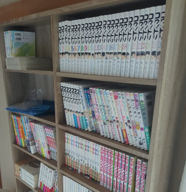 青森市滝沢の出張買取で査定したコミックが並ぶ本棚