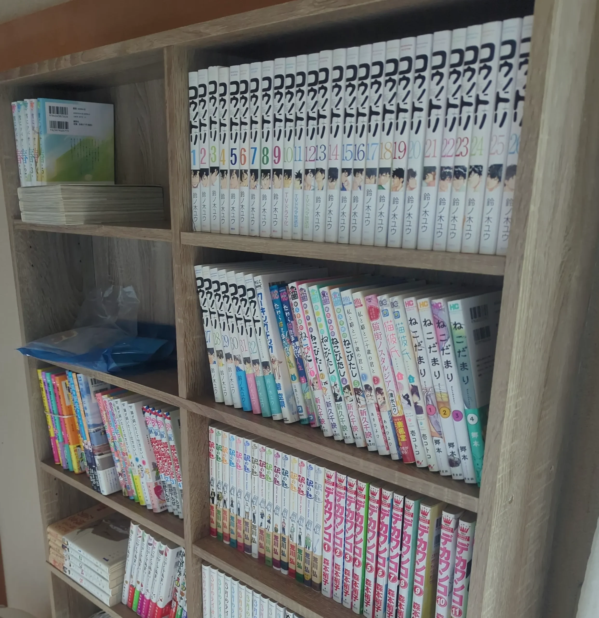青森市滝沢の出張買取で査定したコミックが並ぶ本棚