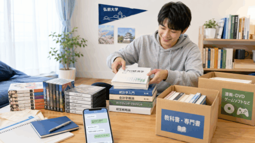 弘前市の大学生が、部屋で教科書・専門書・漫画・DVD・ゲームソフトを段ボールに分けて整理している様子