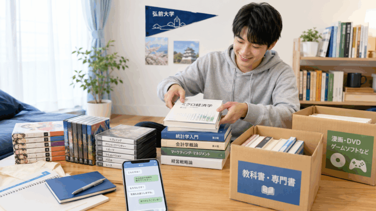 弘前市の大学生が、部屋で教科書・専門書・漫画・DVD・ゲームソフトを段ボールに分けて整理している様子