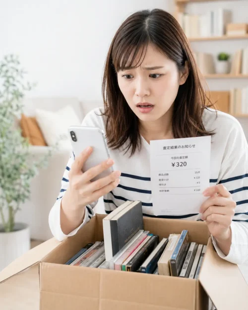 古本やCDを入れた段ボールを前に、買取査定結果を見て驚く女性