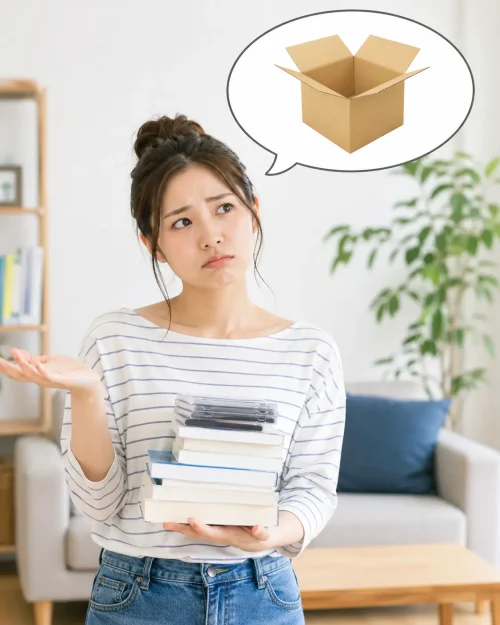 本を抱え、梱包用の段ボール箱がなくて困っている女性