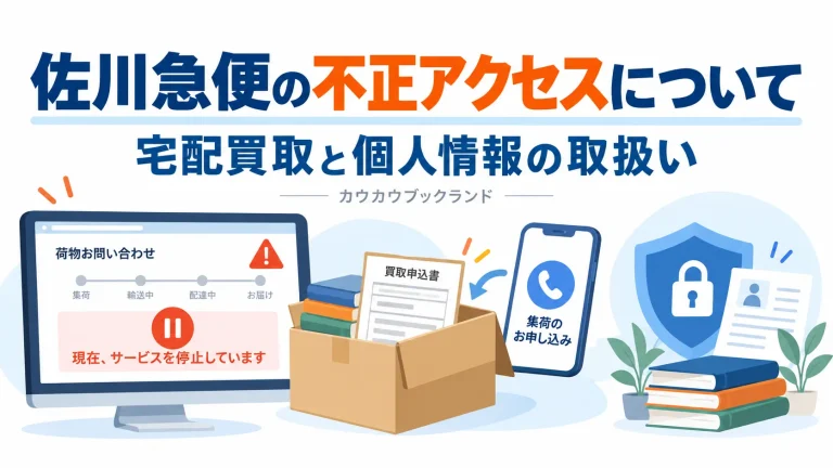 佐川急便の不正アクセスについて、宅配買取と個人情報の取扱いを案内するカウカウブックランドの画像